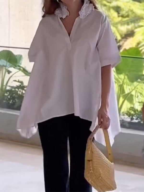 Loose Short Sleeves Solid Color Three-Dimensional Flower Lapel Blouses&Shirts Tops