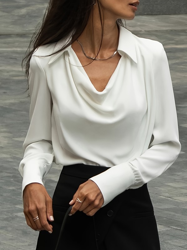 Women's Elegant Satin Shirt - Pleated, Long Sleeve, Drape Neck, Perfect for Office and Casual Wear