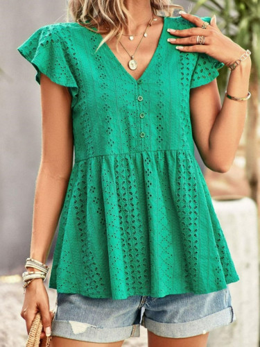 Women's Spring and Summer Hollow Out Ruffled Sleeveless V-Neck Top