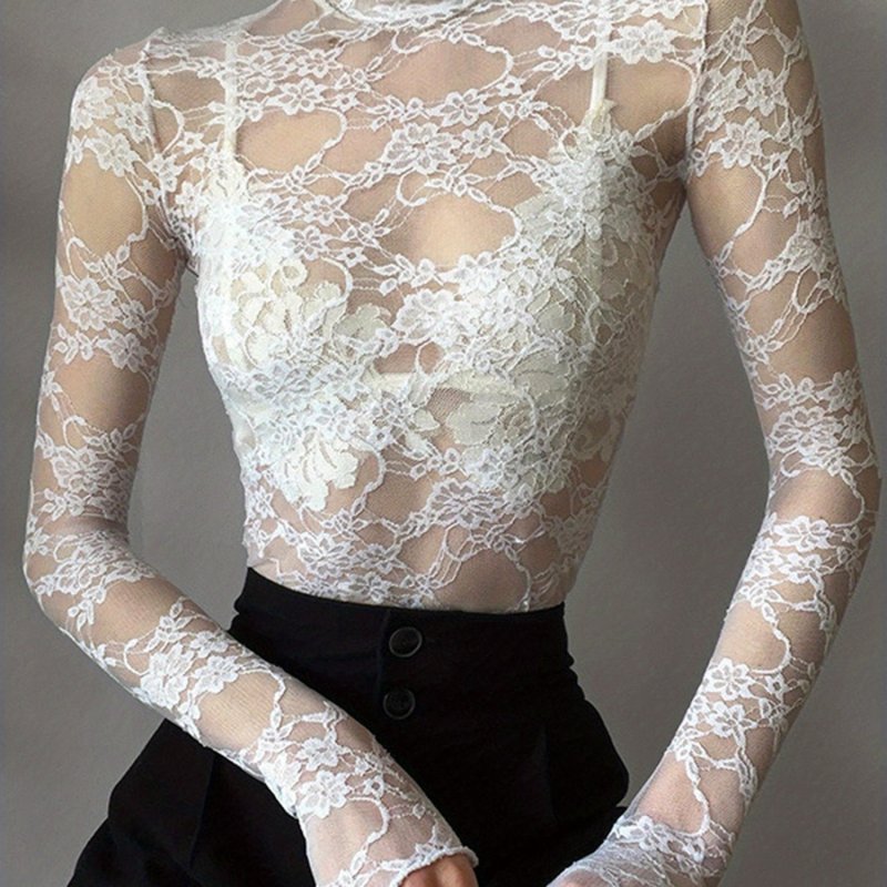 Elegant Women's Sheer Lace Floral Mock Neck Top