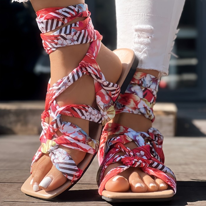 Women's Floral Print Crisscross Lace-Up Flat Sandals