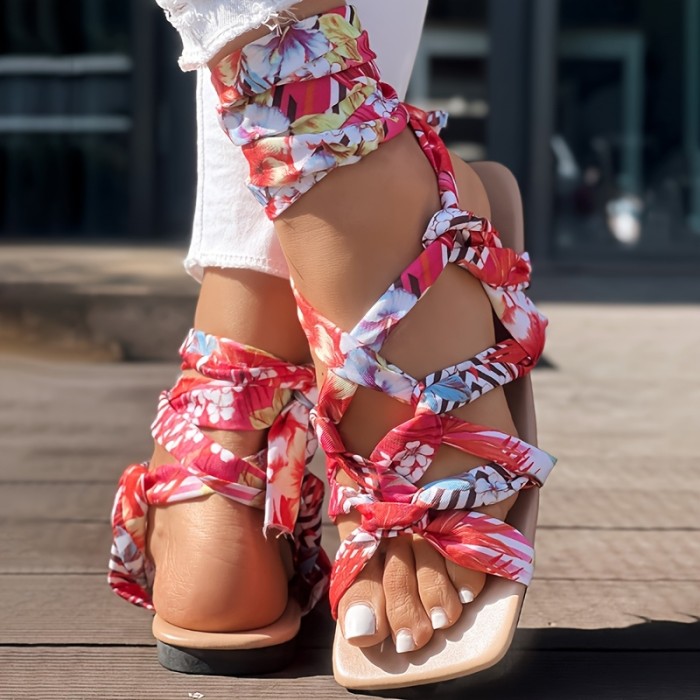 Women's Floral Print Crisscross Lace-Up Flat Sandals
