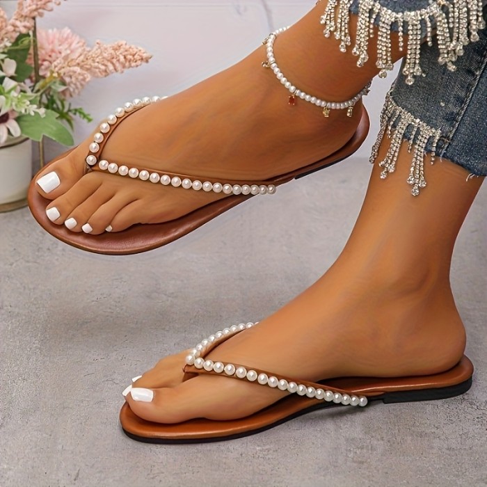 Pearl Flip Flops Flat Sandals Fashion Bohemian Beach Shoes Women'S Outdoor Split-toed Slippers