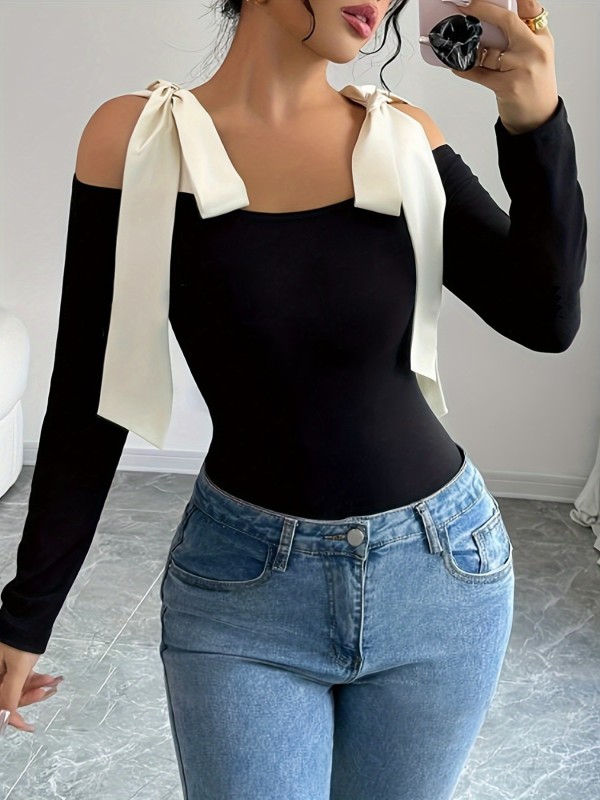 Elegant Off-Shoulder Long Sleeve T-Shirt Casual Top for Women