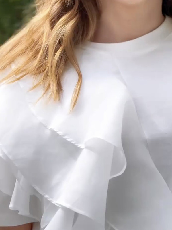 Loose Short Sleeves Pleated Split-Joint Tiered Round-Neck T-Shirts