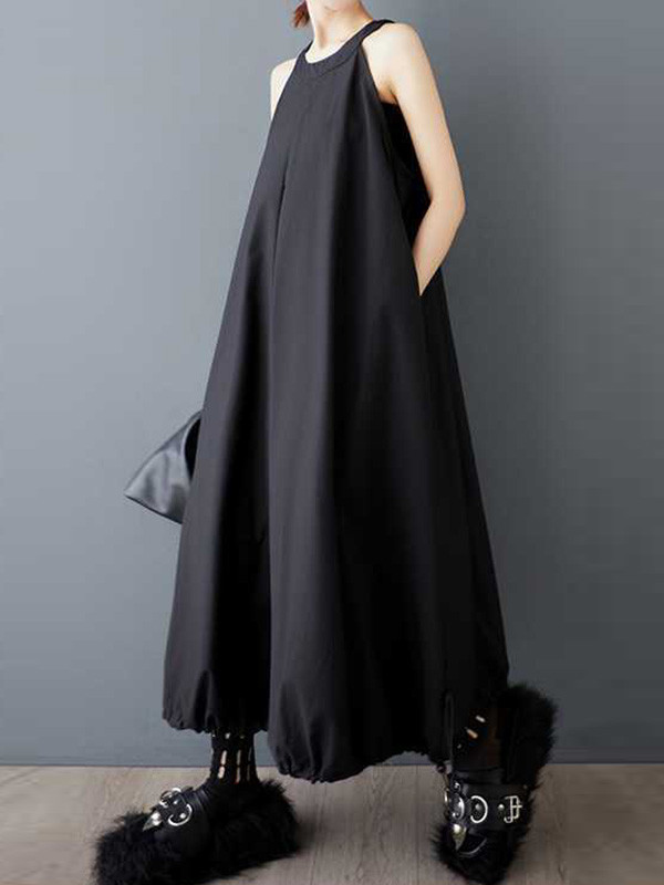 A-Line Loose Drawstring Pleated Pockets Solid Color Zipper Spaghetti-Neck Midi Dresses