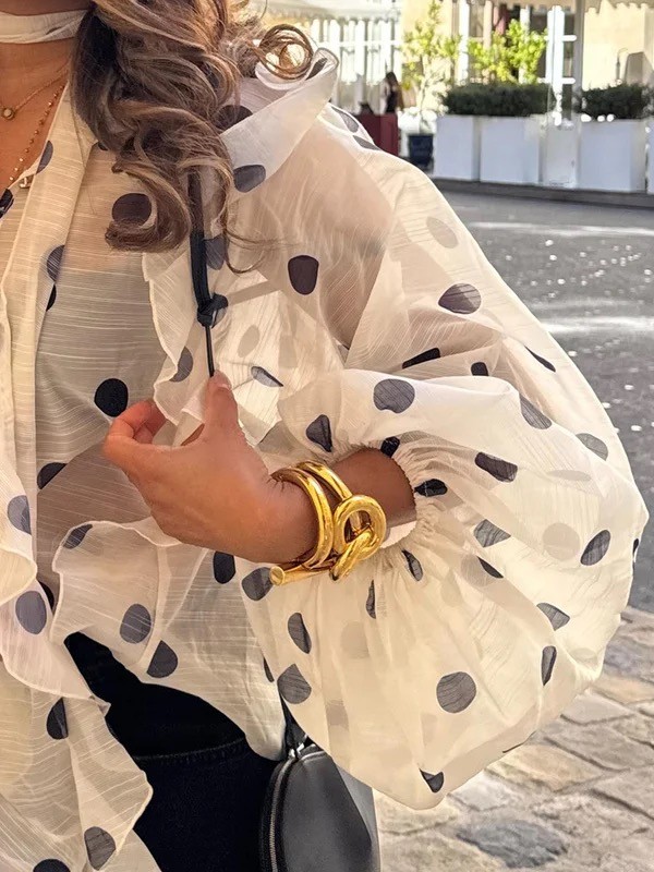 Long Sleeves Loose Buttoned Elasticity Polka-Dot Ruffle Trim See-Through V-Neck Blouses&Shirts Tops