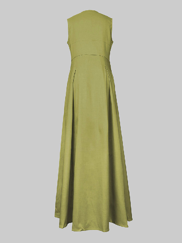 A-Line Loose Pleated Pockets Split-Joint Zipper Round-Neck Maxi Dresses