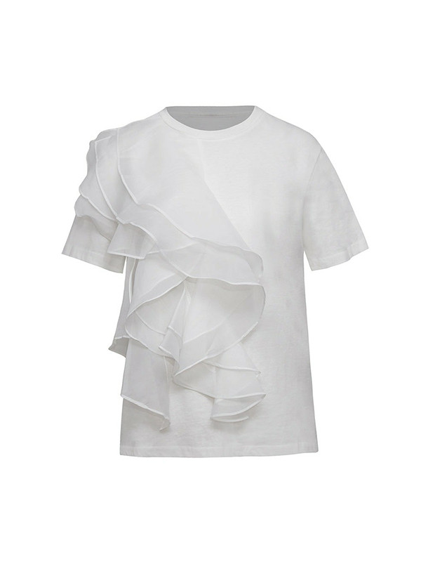 Loose Short Sleeves Pleated Split-Joint Tiered Round-Neck T-Shirts