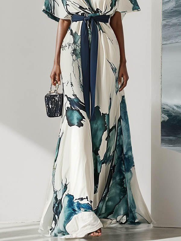 Batwing Sleeves Loose Printed Tied Waist V-Neck Evening Dresses Maxi Dresses