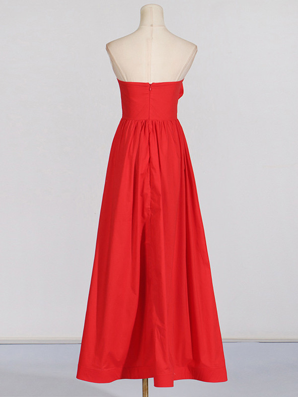 High Waisted Loose Pleated Solid Color Split-Joint Three-Dimensional Flower Zipper Tube Maxi Dresses