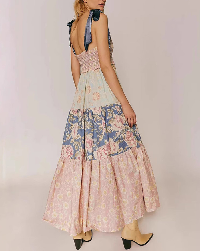 Fashion Stitching Printed Sling Dress