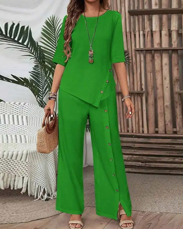 Irregular Button Half-Sleeve Top Pants Set