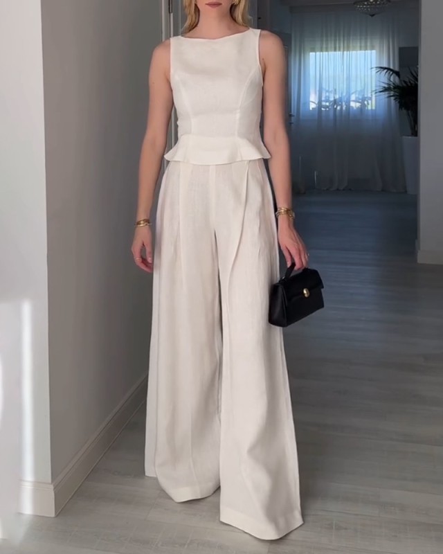 Casual Solid Color Crewneck Top & Pants Two-Piece Set