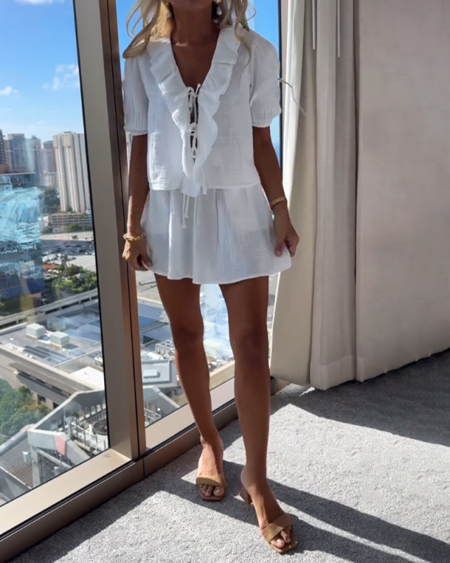 Solid V-Neck Lace-Up Top & Shorts Two-Piece Set