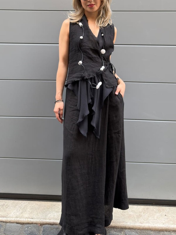 Casual V-neck cotton and linen two-piece set