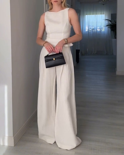 Casual Solid Color Crewneck Top & Pants Two-Piece Set