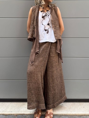 Casual V-neck cotton and linen two-piece set