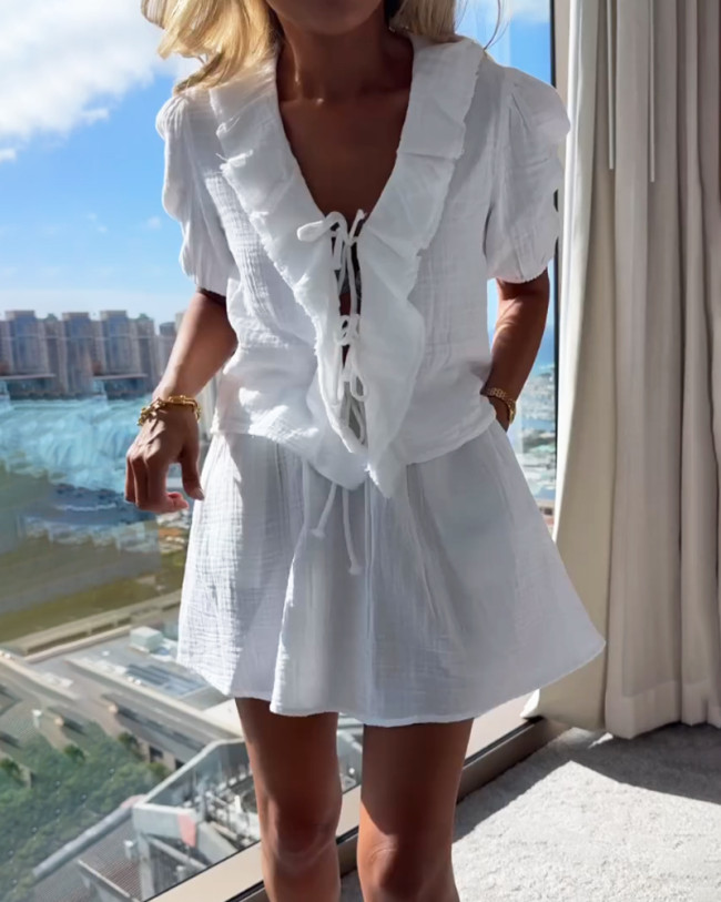Solid V-Neck Lace-Up Top & Shorts Two-Piece Set