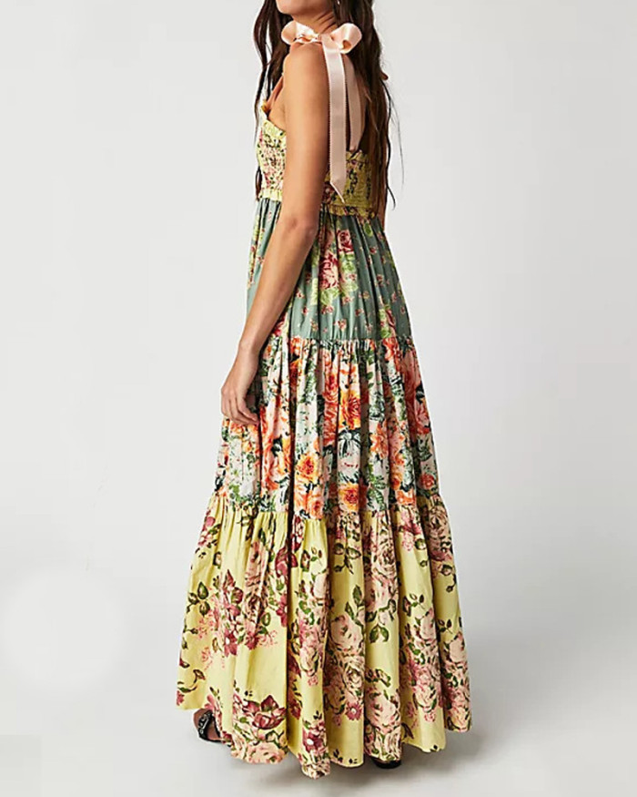 Fashion Stitching Printed Sling Dress