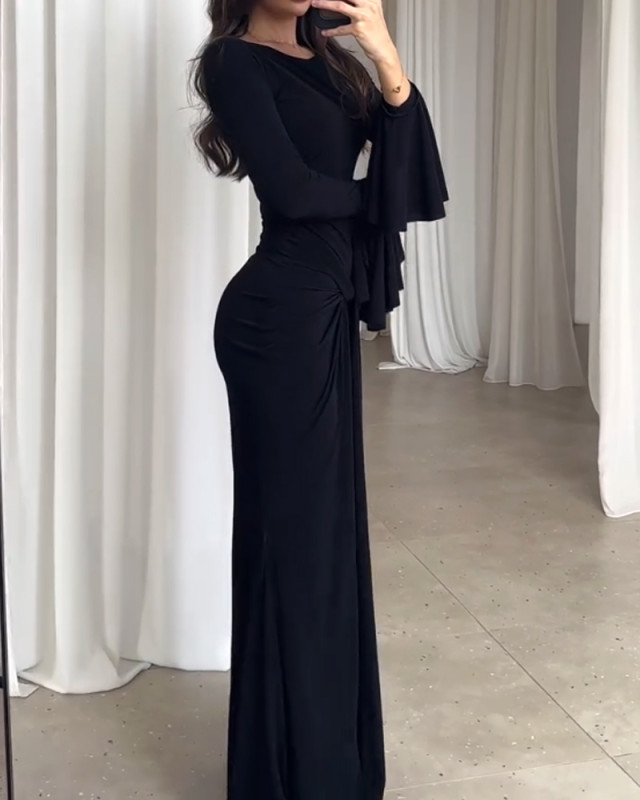 Solid Color Skinny Horn Sleeve Dress