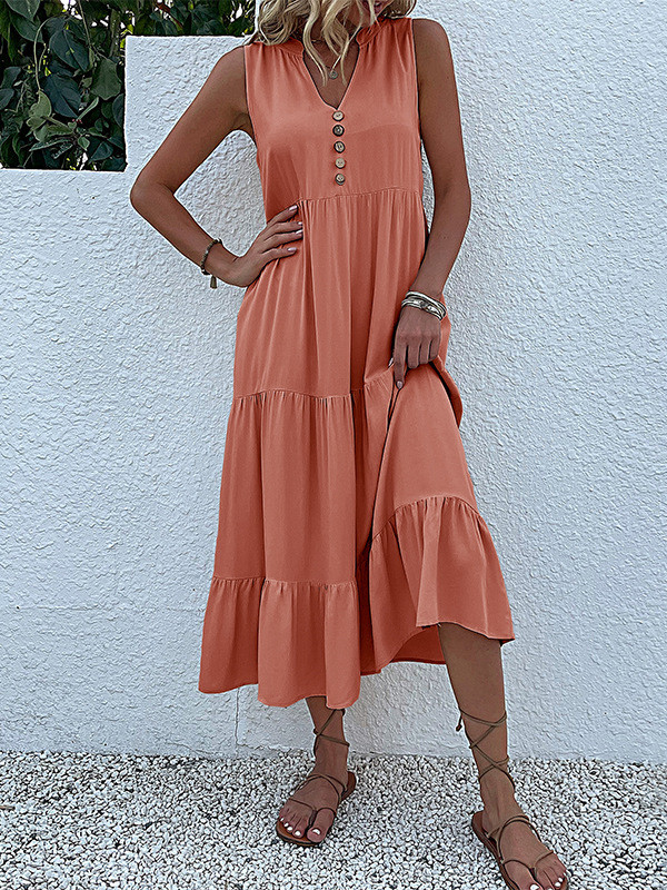 Split-Joint Pleated Sleeveless Loose V-Neck Midi Dresses