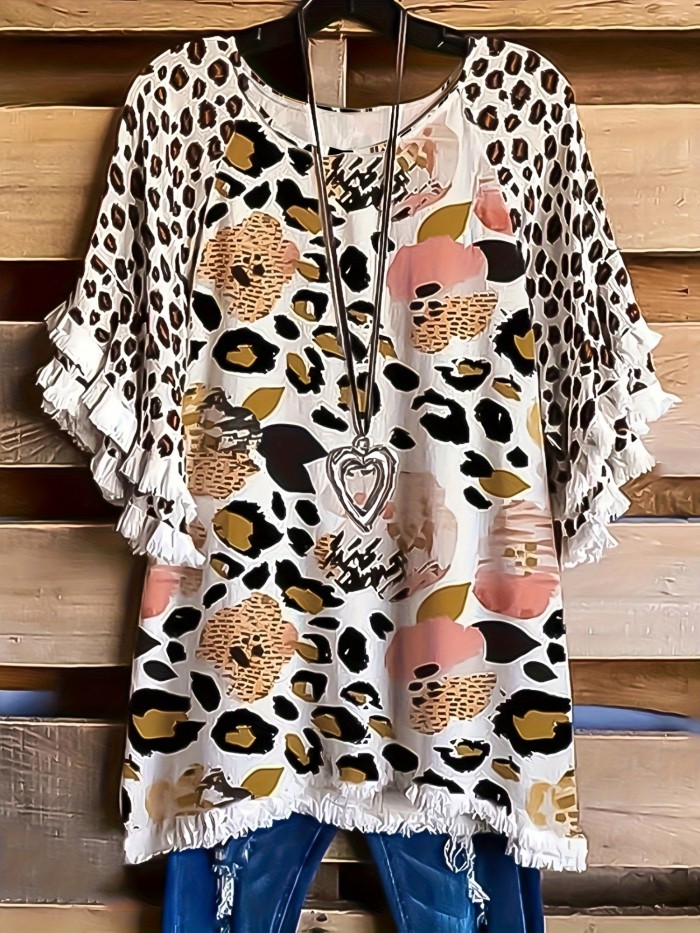 Women'S Plus Size Lace Ruffle Sleeve Round Neck Printed Color Blocked Women'S Loose T-shirt
