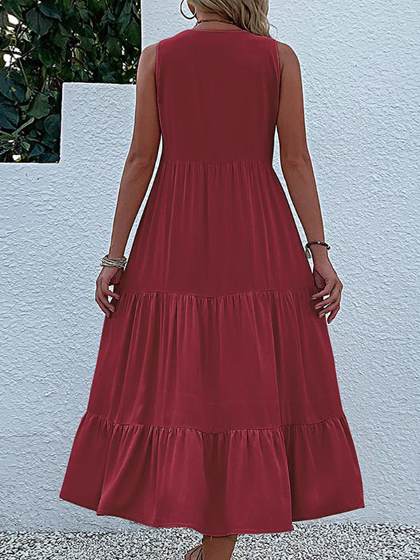 Split-Joint Pleated Sleeveless Loose V-Neck Midi Dresses
