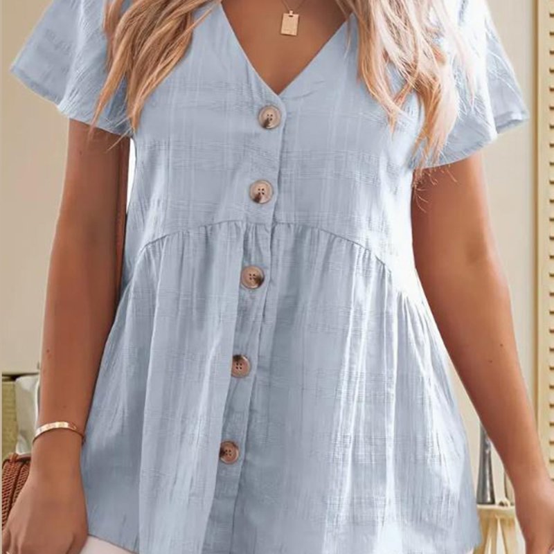 Women's Casual Short Sleeve V-Neck T-Shirt - Loose Fit Summer Top with Stylish Button- Collar, Solid Color, Machine Washable & All-Season Comfort, Ladies T Shirts