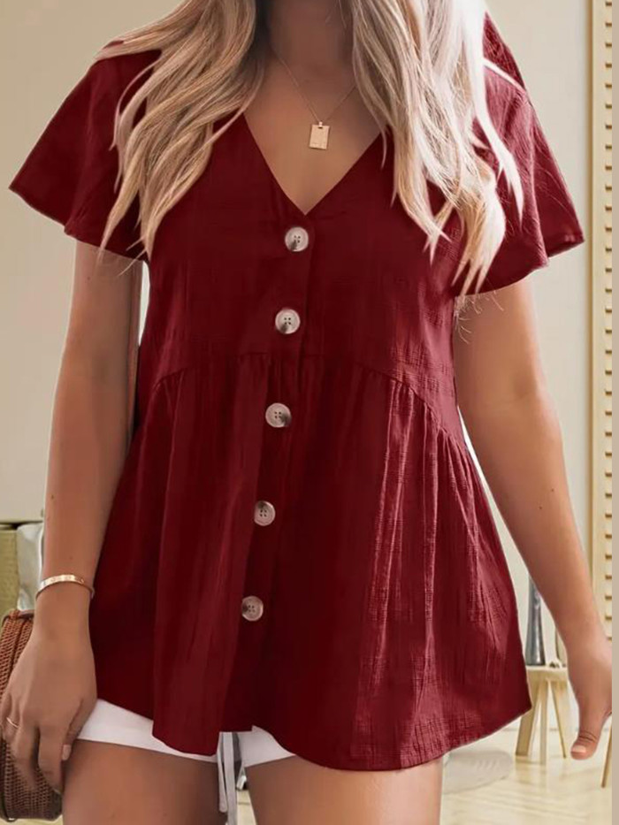 Women's Casual Short Sleeve V-Neck T-Shirt - Loose Fit Summer Top with Stylish Button- Collar, Solid Color, Machine Washable & All-Season Comfort, Ladies T Shirts