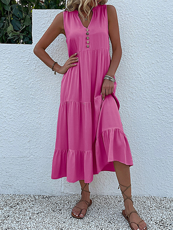 Split-Joint Pleated Sleeveless Loose V-Neck Midi Dresses