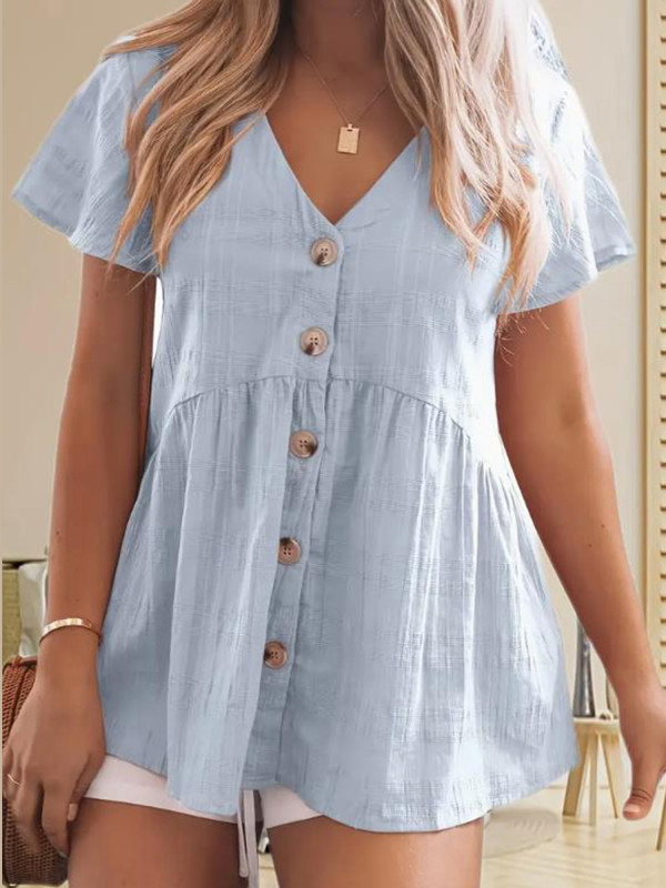 Women's Casual Short Sleeve V-Neck T-Shirt - Loose Fit Summer Top with Stylish Button- Collar, Solid Color, Machine Washable & All-Season Comfort, Ladies T Shirts
