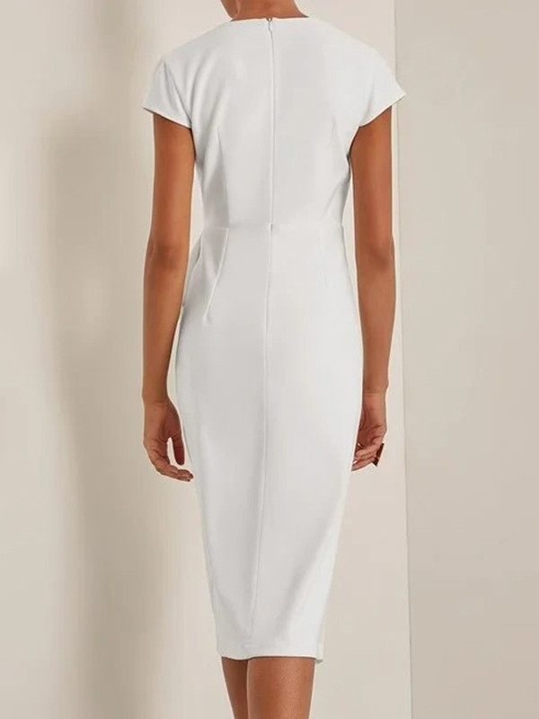 Split-Joint Solid Color Pleated Asymmetric Short Sleeves Loose V-Neck Midi Dresses