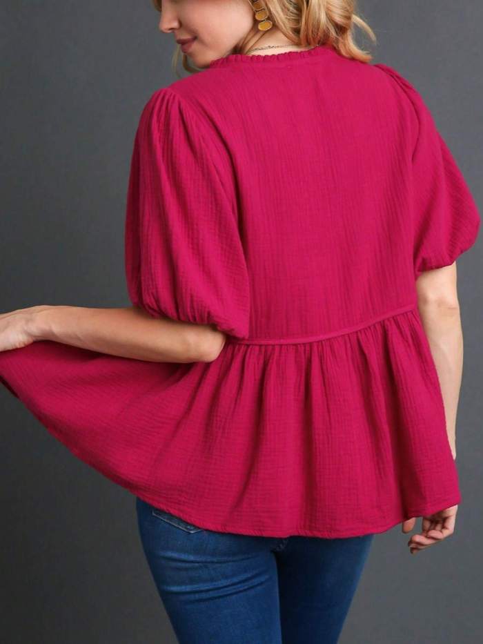Women's Casual Babydoll Blouse - Romantic Chic Puff Sleeve & Ruffle Hem Lightweight Textured Magenta Pink Loose Fit Round Neck Half Sleeve Top