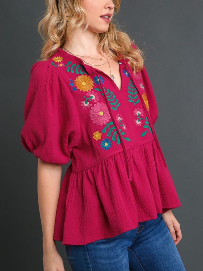 Women's Casual Babydoll Blouse - Romantic Chic Puff Sleeve & Ruffle Hem Lightweight Textured Magenta Pink Loose Fit Round Neck Half Sleeve Top