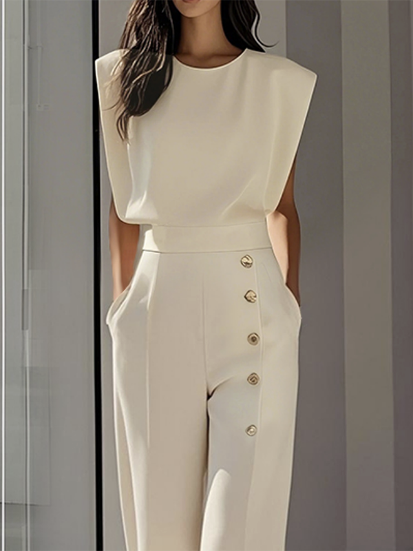 Solid Color Buttoned Loose Cap Sleeve Round-Neck Jumpsuits