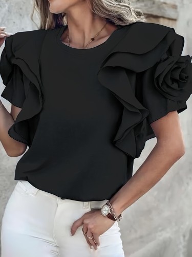 Loose Fit 3D Floral T-Shirt Comfortable Loose Fit 3D Floral Ruffle Sleeve T-Shirt