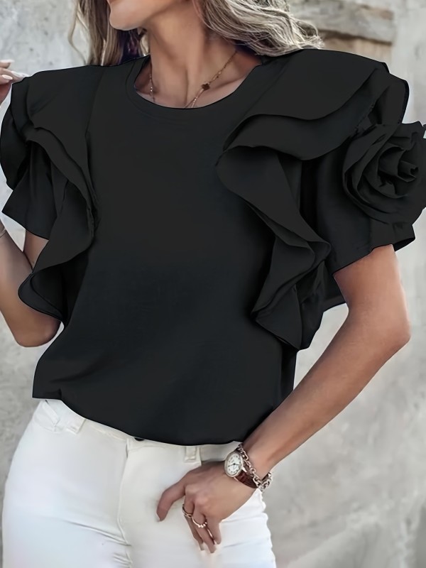 Loose Fit 3D Floral T-Shirt Comfortable Loose Fit 3D Floral Ruffle Sleeve T-Shirt