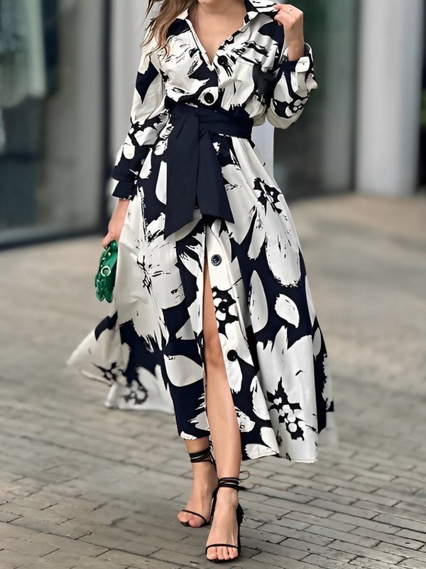 Tied Waist Flower Print Contrast Color Buttoned Loose Long Sleeves Lapel Shirt Dress Midi Dresses