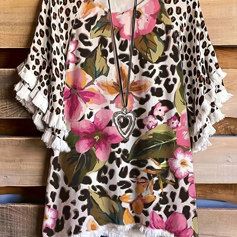 Women'S Plus Size Lace Ruffle Sleeve Round Neck Printed Color Blocked Women'S Loose T-shirt