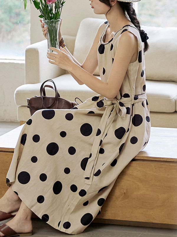 Tied Waist Split-Joint Polka-Dot Pleated Contrast Color Sleeveless Loose Round-Neck Midi Dresses