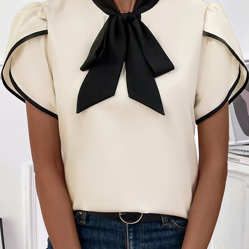Bow Knot Neckline Contrast Stripe Short Sleeve Blouse