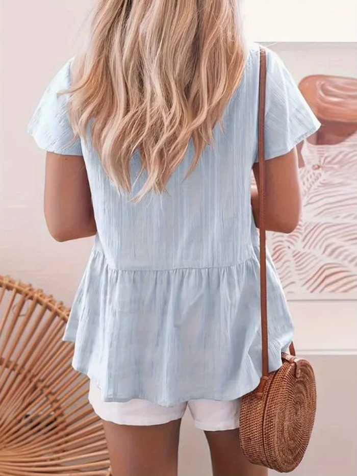 Women's Casual Short Sleeve V-Neck T-Shirt - Loose Fit Summer Top with Stylish Button- Collar, Solid Color, Machine Washable & All-Season Comfort, Ladies T Shirts