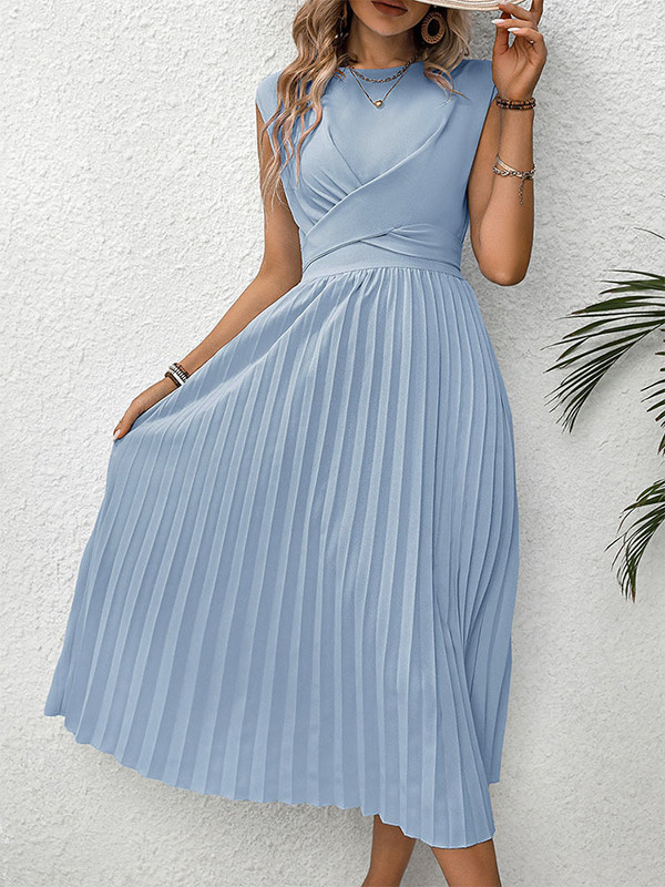 Tied Waist Split-Joint Solid Color Pleated Elasticity Raglan Sleeve Loose Round-neck Midi Dresses