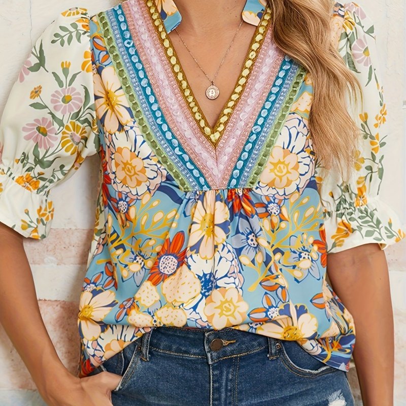 Women's Boho Floral Crochet V-Neck Blouse with Ruffled Puff Sleeves & Contrast Trim Casual Summer Top
