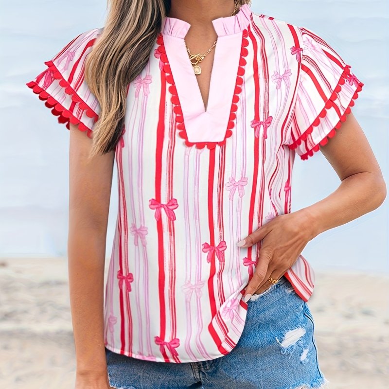 Women'S Elegant Pink & White Striped V-Neck Blouse with Puff Sleeves