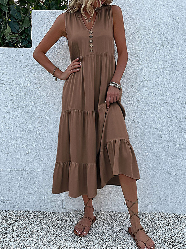 Split-Joint Pleated Sleeveless Loose V-Neck Midi Dresses