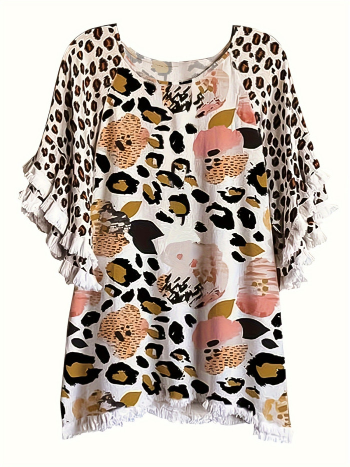 Women'S Plus Size Lace Ruffle Sleeve Round Neck Printed Color Blocked Women'S Loose T-shirt