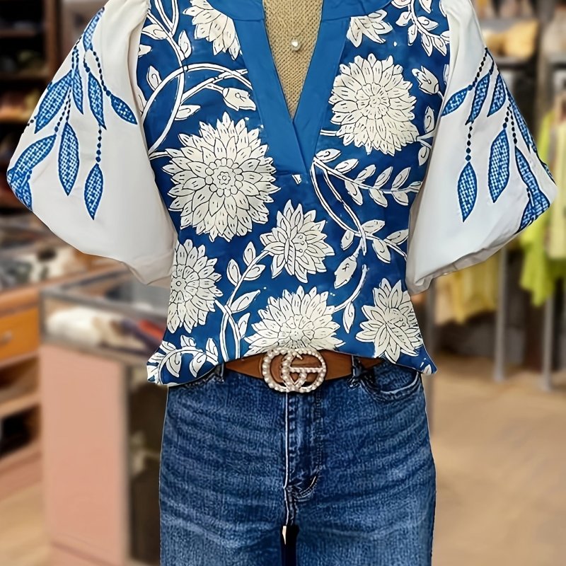 Women's Vintage Blue Floral Print Puff Sleeve Shirt Top - V-Neck Loose Fit Short Sleeve Blouse