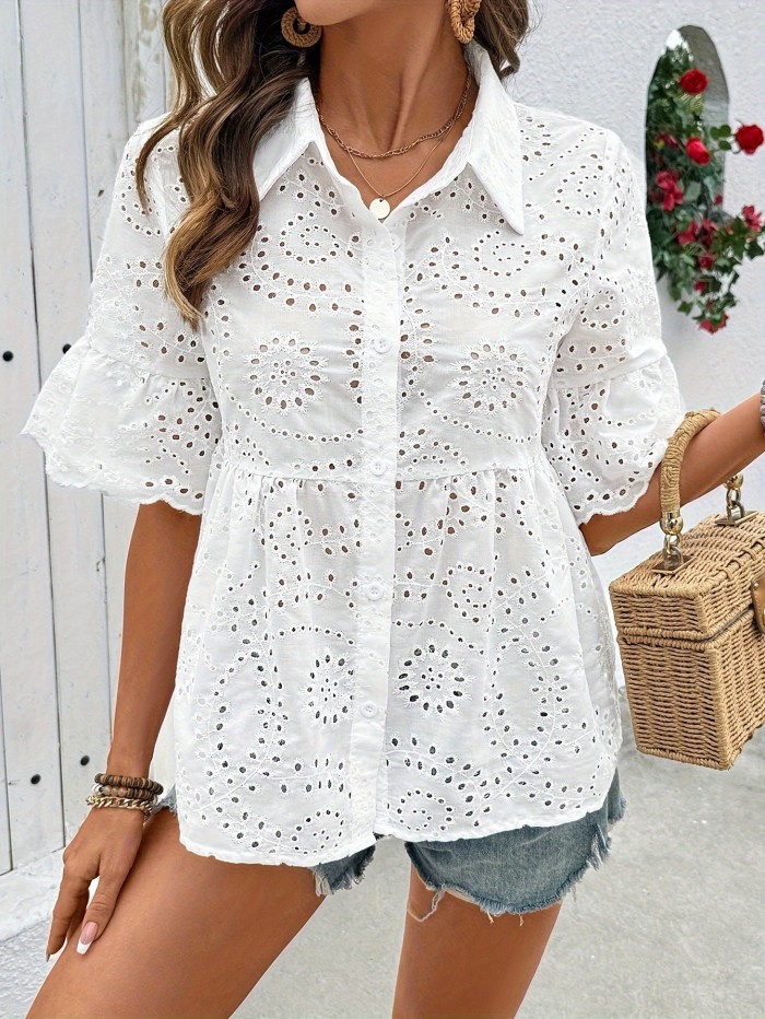 Women's V-Neck Embroidered Short Sleeve Blouse